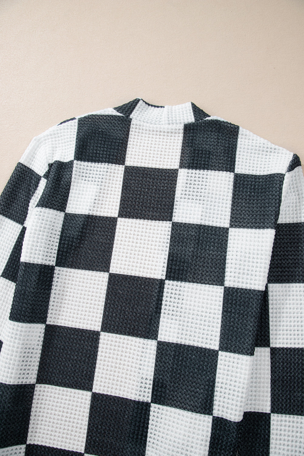 Black Checkered Waffle Knit Thumbhole Long Sleeve Cardigan