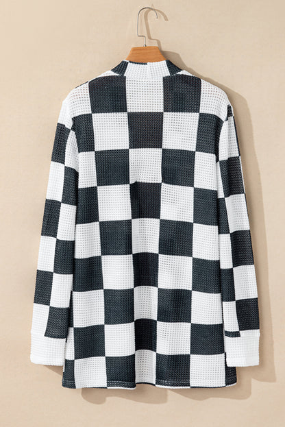 Black Checkered Waffle Knit Thumbhole Long Sleeve Cardigan