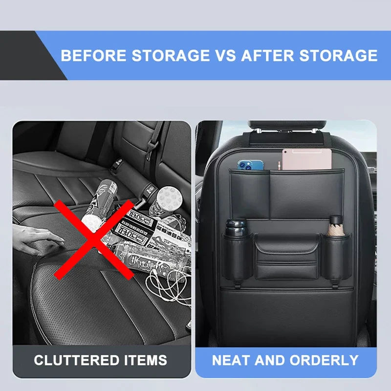 All in One Car Seat Back Storage Bag Upgraded 6-Pocket Car Organizer with Hook Tissue Holder Anti Kick Pad Cup Holder