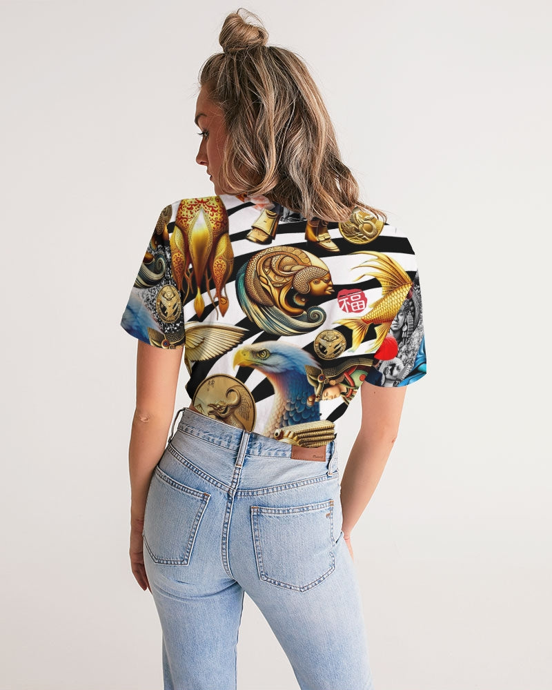 Trendy Abstrak Pattern Women's All-Over Print Twist-Front Cropped Tee