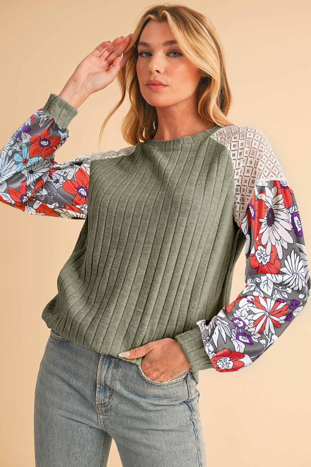 Black Floral Patchwork Raglan Sleeve Ribbed Top