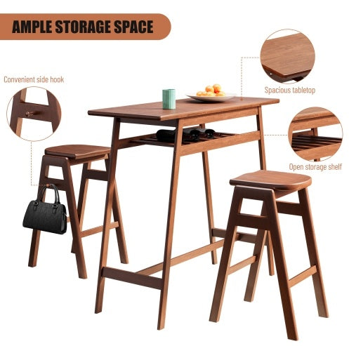 3 PCS Pub Dining Set Retro Bar Table Rubber Wood Stackable Backless High Stool For 2 With Shelf And Hooks For Home Bar Small Space