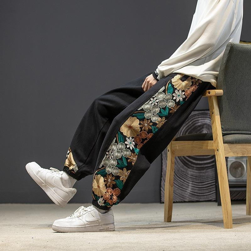 Japanese retro trendy oversized embroidered color blocking casual pants