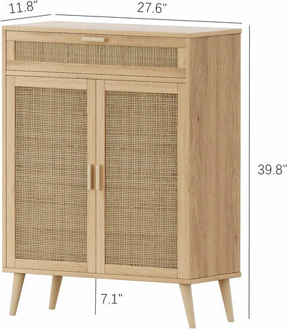 Accent Floor Storage Cabinet with Rattan Doors, Bathroom Cabinet with Large Drawer, Freestanding Storage Cabinet Organizer,