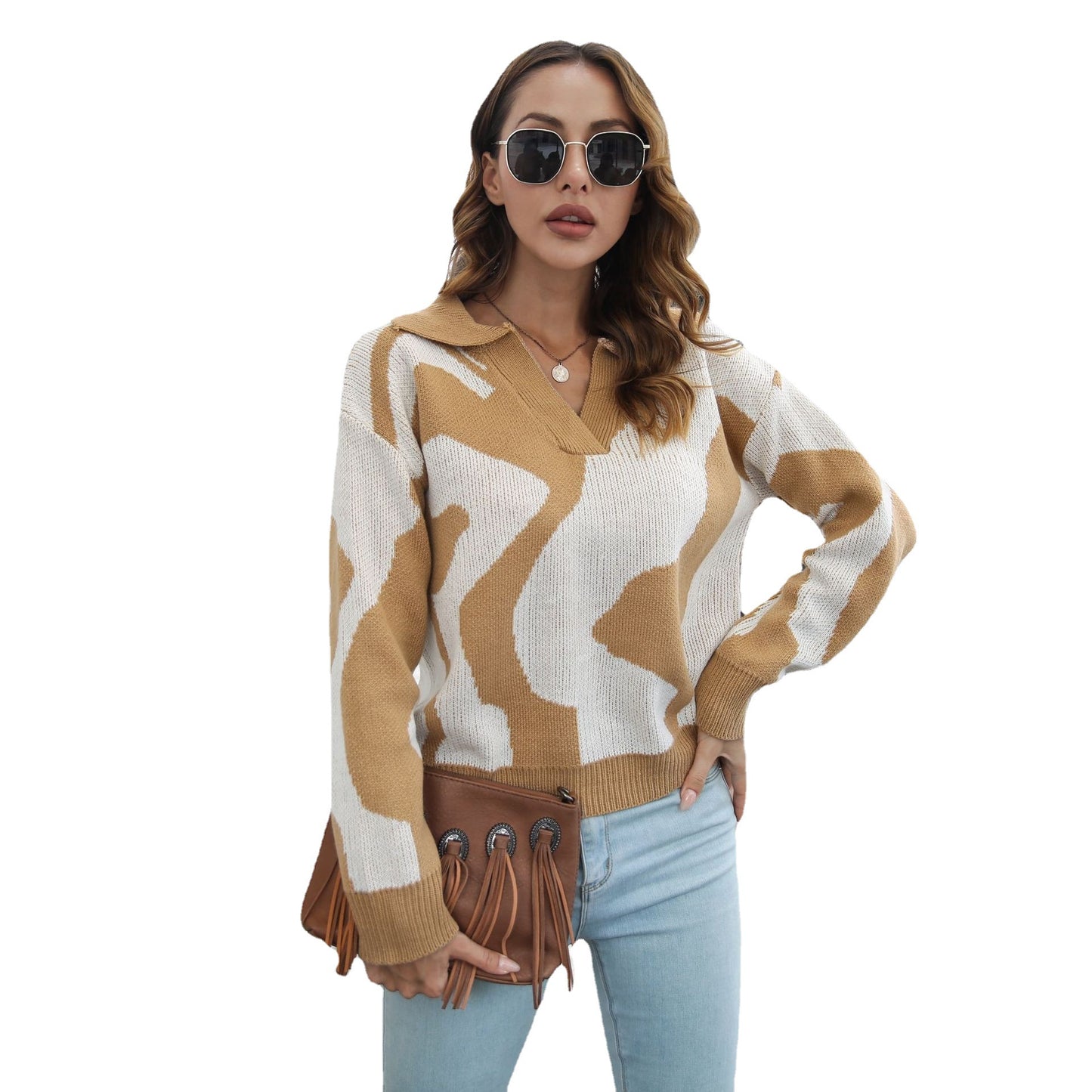 European and American women's autumn winter tie-dye jacquard lapel loose long-sleeved knitted sweater