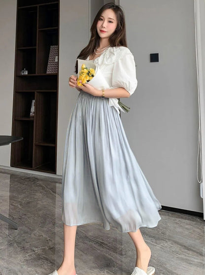 Flowing gauze skirt swaying romantic high-end cutting slimming solid color glossy texture half skirt for women