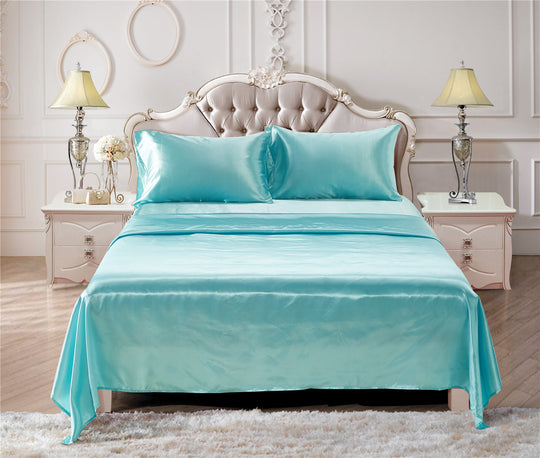 Solid Color Bedding Satin Silk Flat Fitted Sheet With Pillowcases Set