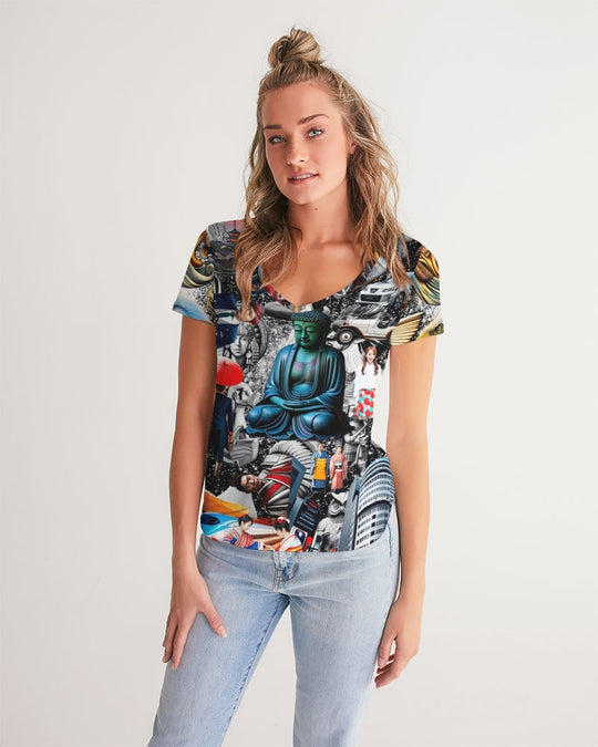 Trendy Abstrak Pattern Women's All-Over Print V-Neck Tee