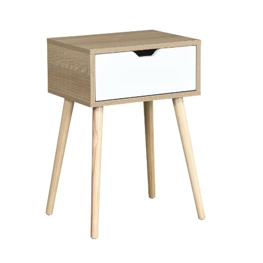 Side Table With 1 Drawer And Rubber Wood Legs, Mid-Century Modern Storage Cabinet For Bedroom Living Room Furniture