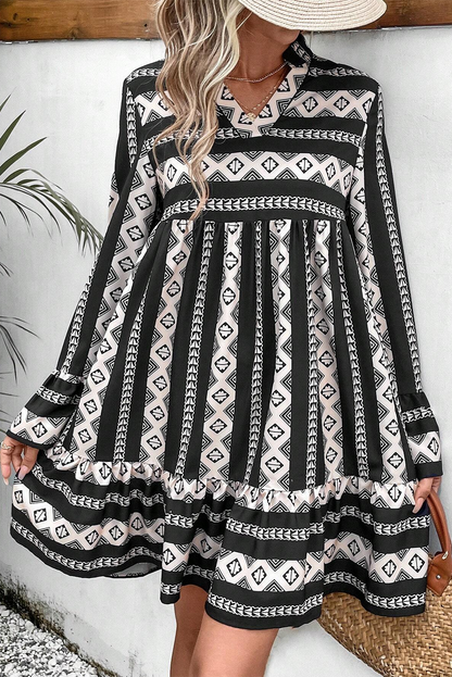 Black Boho Geometric Printed Flared Long Sleeve Mini Dress