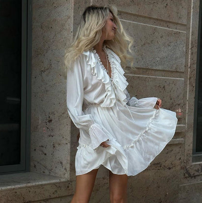 Fashion V Neck Pleated Ruffle Long Sleeve Dress Y2K V Neck Flared Sleeve Short Dress Women's Clothing