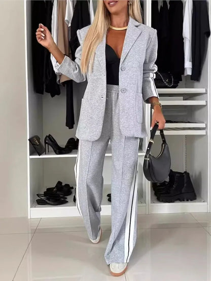 Autumn And Winter New Long Sleeves Suit Women's Suit Fashion Pimp Stitching Pants Pocket Female Office Blazer 2 Piece Set 2024