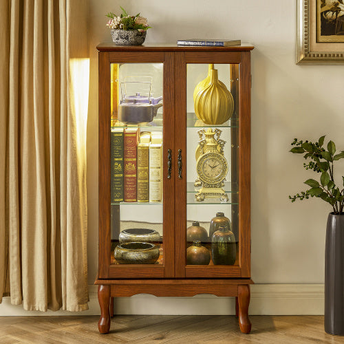 Curio Cabinet Lighted Curio Diapaly Cabinet With Adjustable Shelves And Mirrored Back Panel, Tempered Glass Doors