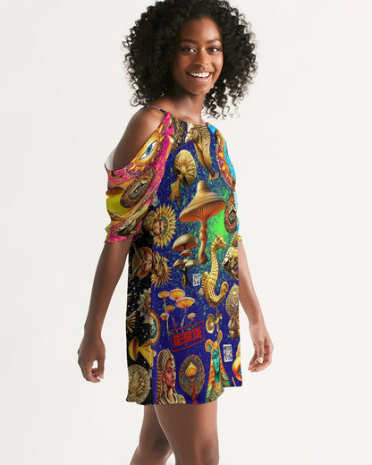 Eye and Face Abstrak Women's All-Over Print Open Shoulder A-Line Dress