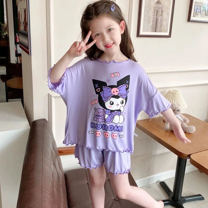 Anime Sanrio Cinnamoroll Kuromi Child Pajama Summer Thin My Melody Cartoon Girl Short Sleeves Shorts Comfortable Loungewear Set