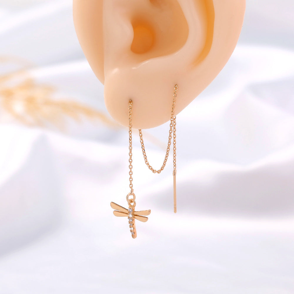 Gold Copper Dragonfly Micro-Set Zircon Long Tassel Ear Wire