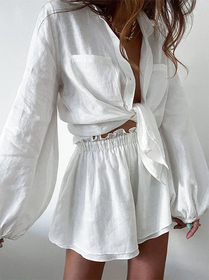 2024 Women Spring Summer Bohemian Shorts Sets Solid White Loose Fit Outfits Blouse Suit 2 Two Piece Set For Women