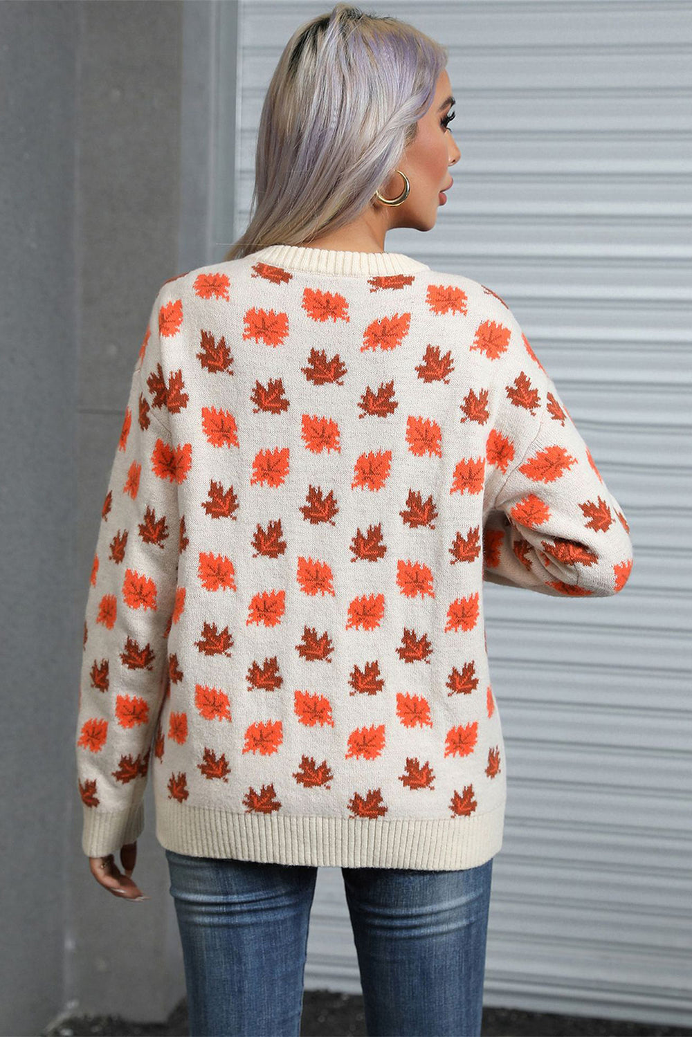 White Fall Leaves Pattern Crew Neck Sweater