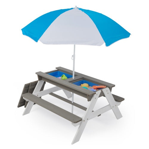 3-in-1 Outdoor Wooden Picnic Table For Kids With Umbrella