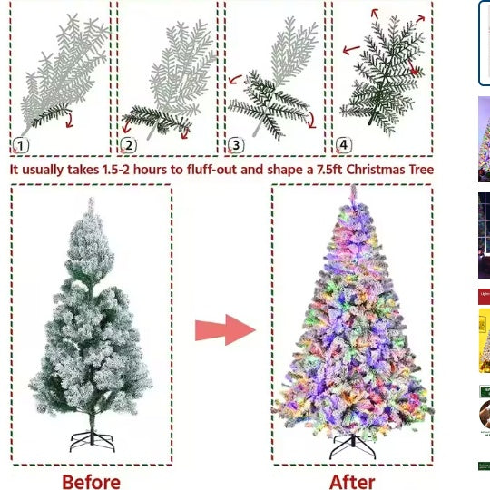 6ft Pre-Lit Artificial Christmas Tree Snow Flocked Xmas Tree W  Remote-Controlled 250 Multi-Color Lights Decor