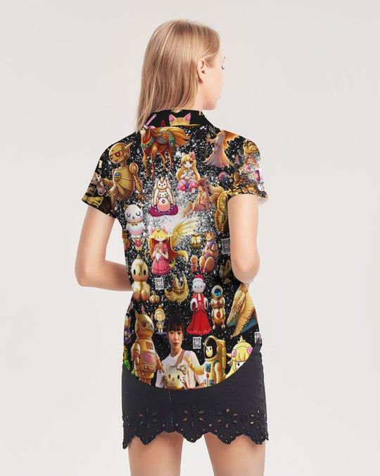 Leidy Abstrak Women's All-Over Print Short Sleeve Button Up