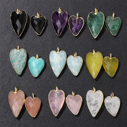 2PCS Faceted Heart Stone Pendant Natural Amazonite Amethysts Sunstone Charm For Fashion Jewelry Making DIY Necklace Bracelets