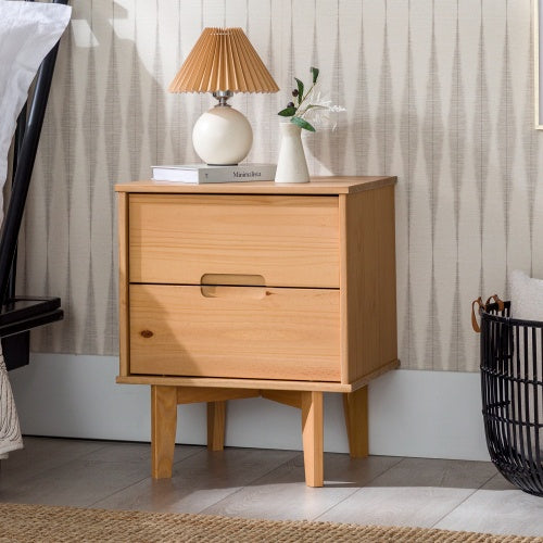 Mid-Century Modern Solid Wood 2-Drawer Nightstand Natural Pine