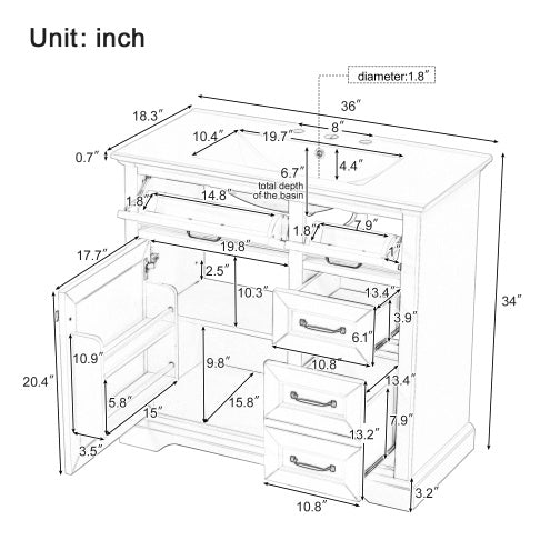 36Bathroom Vanity With Sink, Ceramic Sink, 2 Tip-out Drawers, Soft Close Door Hinges, White