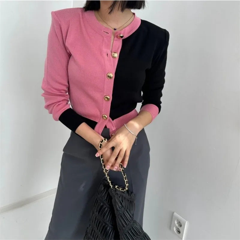 Korean Styllish Chic Cardigan Sweater Women Color-blocked Gold Buttons Workwear Tops Knitwear Long Sleeve Elegant Ladies Jumpers