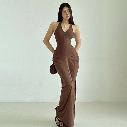 Sexy hot girl solid color V-neck sleeveless long dress women's skirt