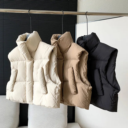 Solid Stand Collar Sleeveless Down Jacket Short Waistcoats Zipper Warm Vest Women Coats Winter  Autumn