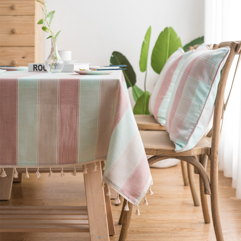 Stripe Kitchen Table Cover Rectangular Tablecloth With Tassel