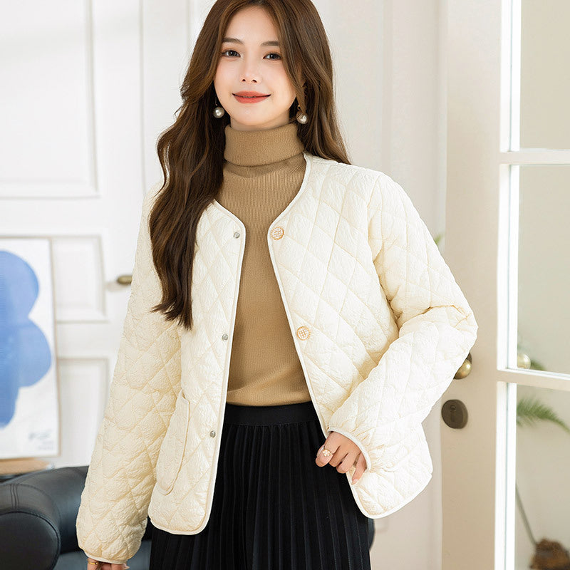 Xiaoxiangfeng temperament diamond grid cotton jacket loose casual thin cotton jacket women's winter cotton jacket cardigan