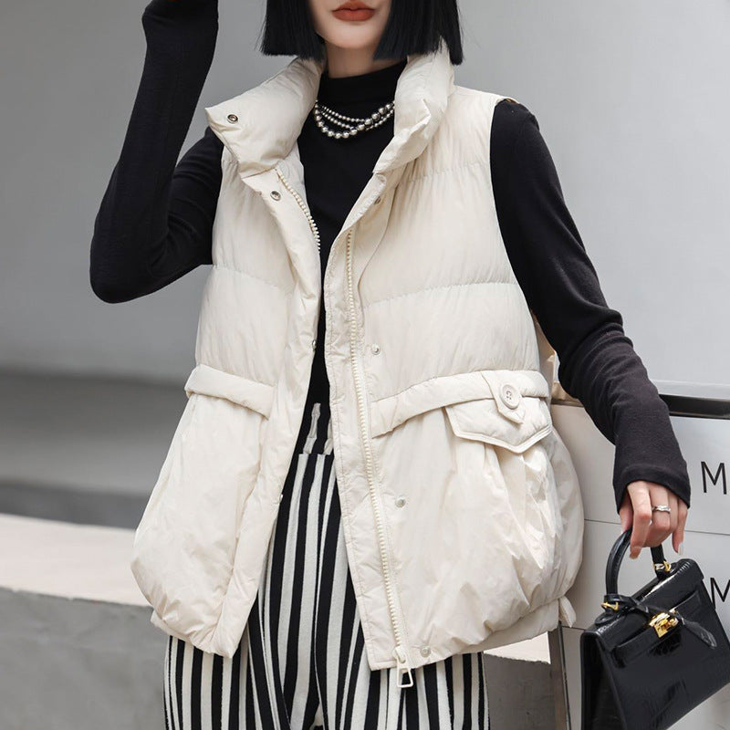 Fashion Stand Collar Sleeveless Solid White Duck Down Waistcoats Warm All-match Vest Women Winter