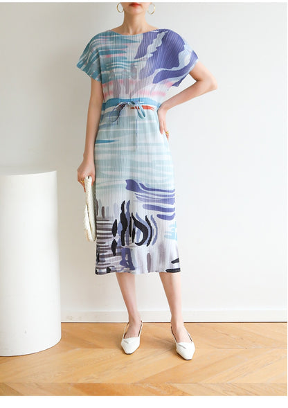 Summer Pleated Ink Print Oversized Loose Skinny Round Neck Mid Length Dress