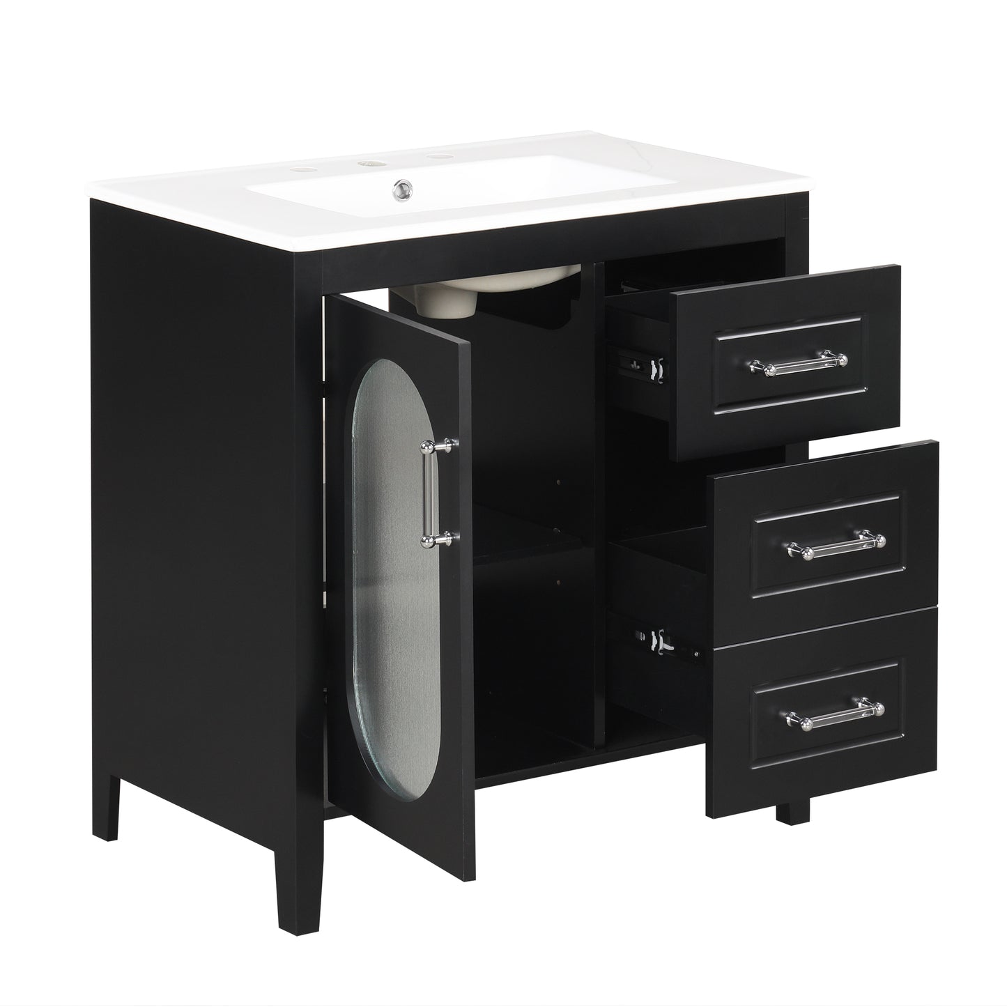 30" Bathroom Vanity with Sink, Bathroom Vanity Cabinet with Two Drawers and Door, Adjustable Shelf, Solid Wood and MDF, Black