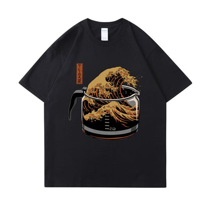 Short sleeved coffee wave print round neck T-shirt top