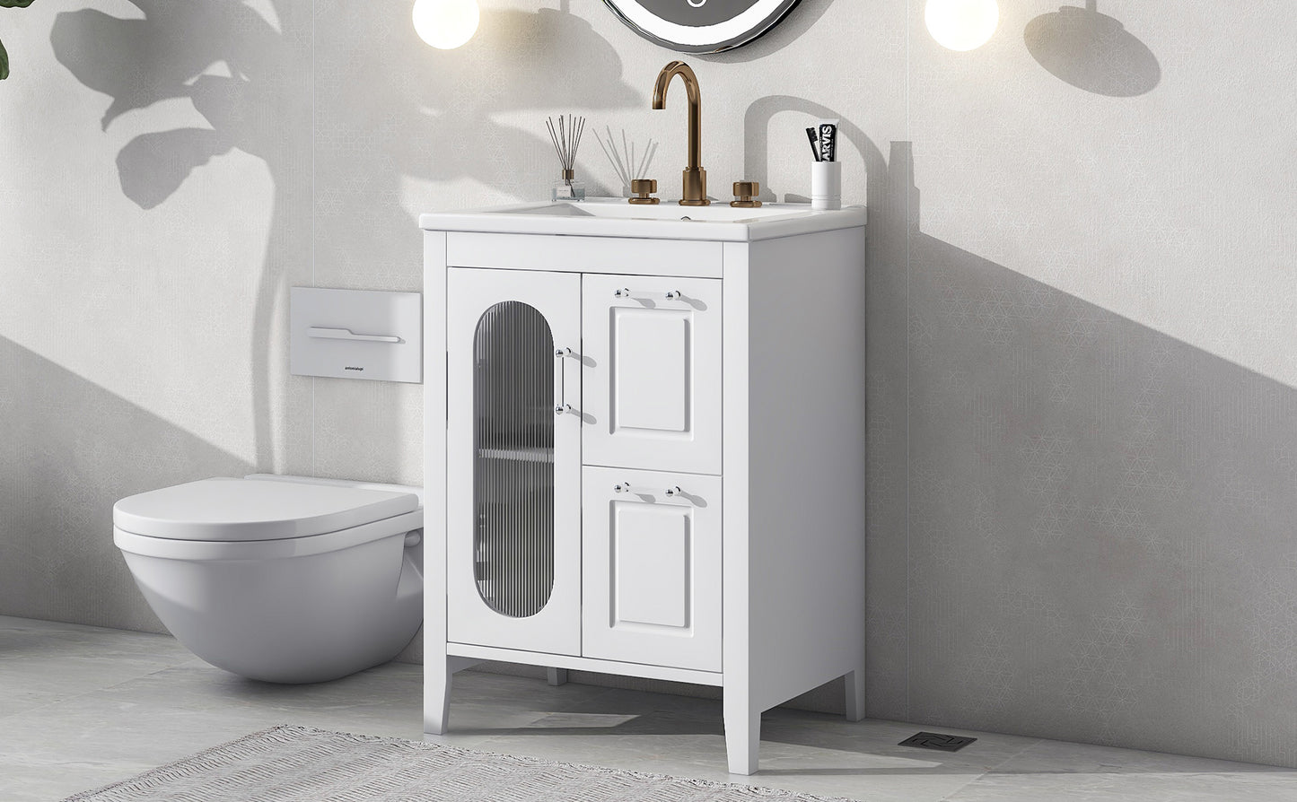 24" Bathroom Vanity with Sink, Bathroom Vanity Cabinet with Two Drawers and Door, Adjustable Shelf, Solid Wood and MDF, White