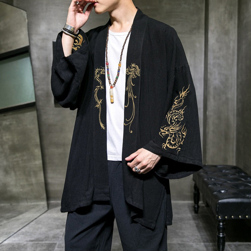 Chinese style Hanfu men's clothing Japanese cotton and linen embroidery cardigan men's kimono windbreaker top coat