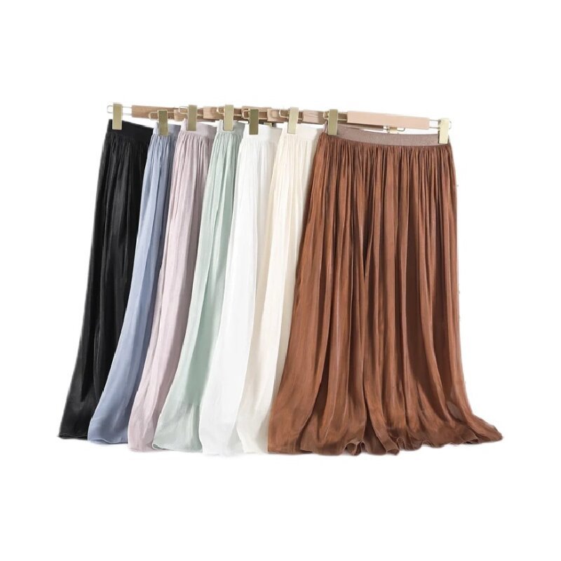 Flowing gauze skirt swaying romantic high-end cutting slimming solid color glossy texture half skirt for women