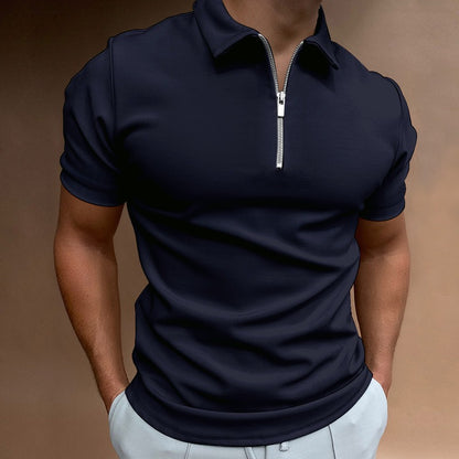 Summer men's thin solid color short sleeved POLO shirt with flip collar zipper slim fit top T-shirt