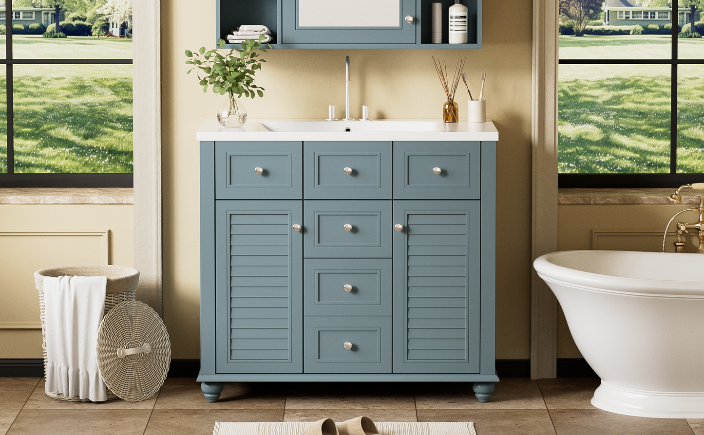 36 "bathroom makeup cabinet with resin sink combination and 2 drawers, with soft closing door, blue color