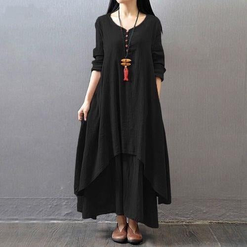 Fake two-piece long skirt, artistic and grand linen dress, loose long sleeved cotton and linen skirt