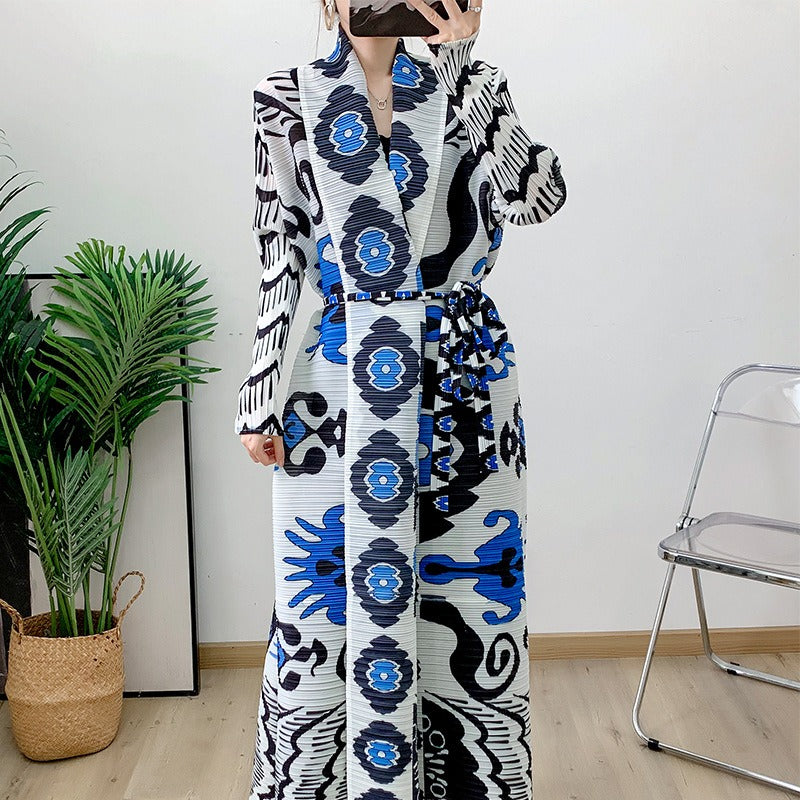 Robe pleated long sleeved coat outerwear cloak printed for women