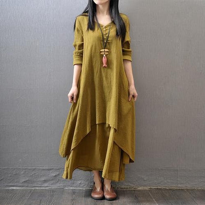 Fake two-piece long skirt, artistic and grand linen dress, loose long sleeved cotton and linen skirt