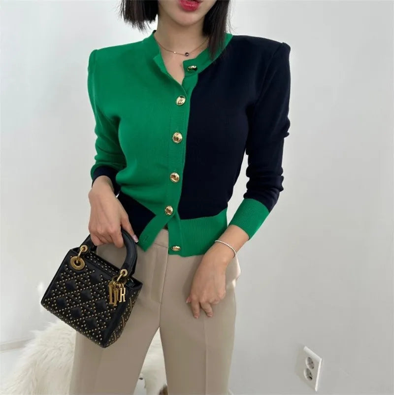 Korean Styllish Chic Cardigan Sweater Women Color-blocked Gold Buttons Workwear Tops Knitwear Long Sleeve Elegant Ladies Jumpers