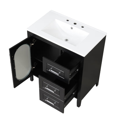 30" Bathroom Vanity with Sink, Bathroom Vanity Cabinet with Two Drawers and Door, Adjustable Shelf, Solid Wood and MDF, Black