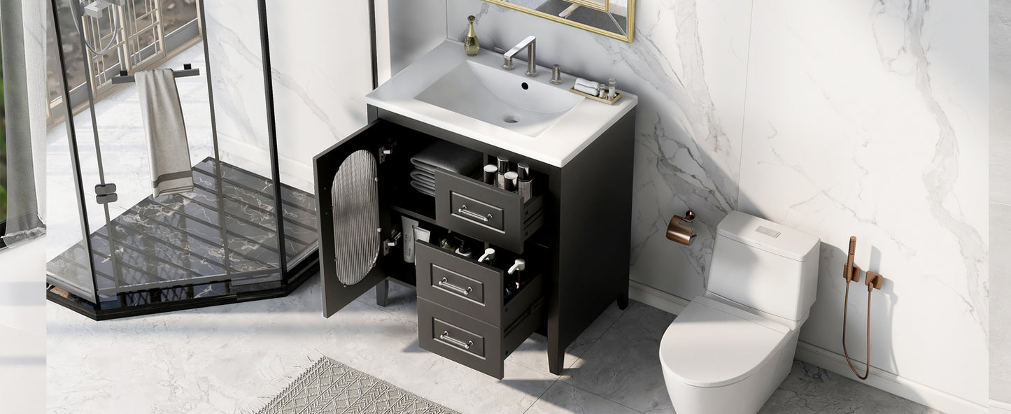 30" Bathroom Vanity with Sink, Bathroom Vanity Cabinet with Two Drawers and Door, Adjustable Shelf, Solid Wood and MDF, Black