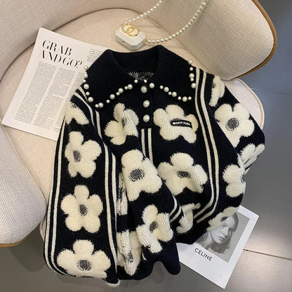 Pearl Beading Floral Knitted Women Sweater Tops   Autumn Winter Vintage Elegant Ladies Pullover Long Sleeve Fashion Jumpers