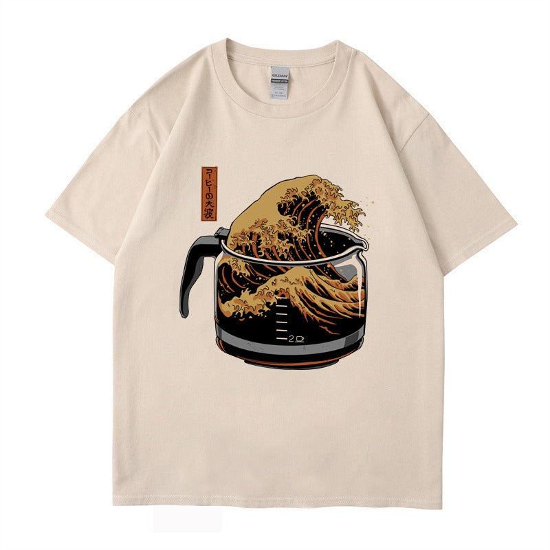 Short sleeved coffee wave print round neck T-shirt top